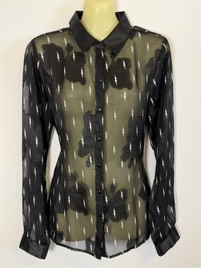ESQUALO Sheer Lightening and Floral Embrodiered Button Down Blouse